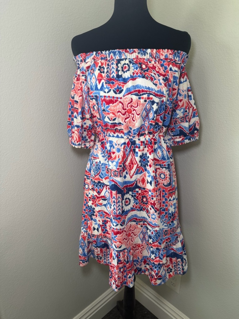 LOFT Off-the-Shoulder Ruffle Printed Cotton Blend Dress in Blue & Red - Picture 2 of 7